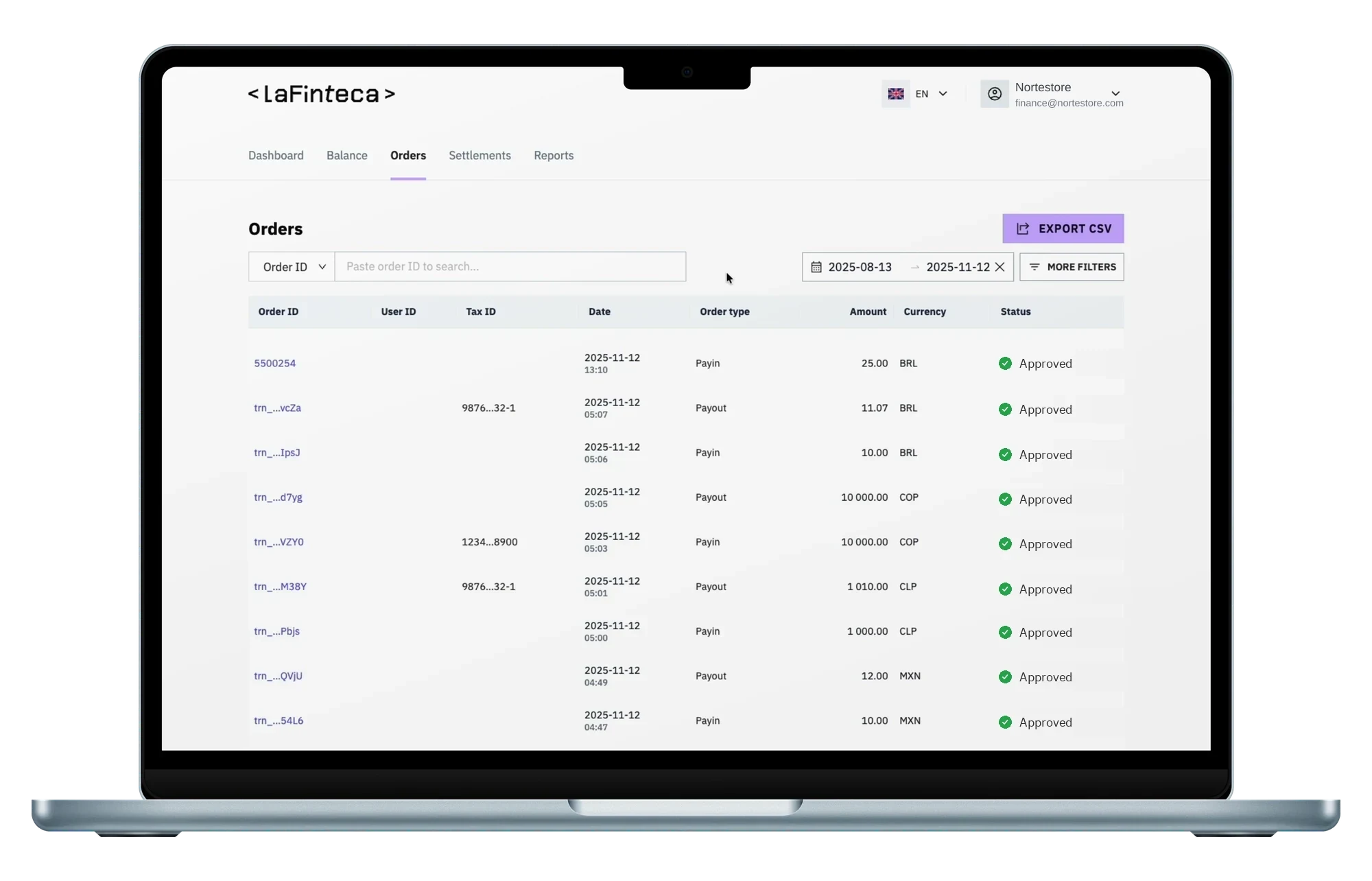 LaFinteca dashboard, Orders view